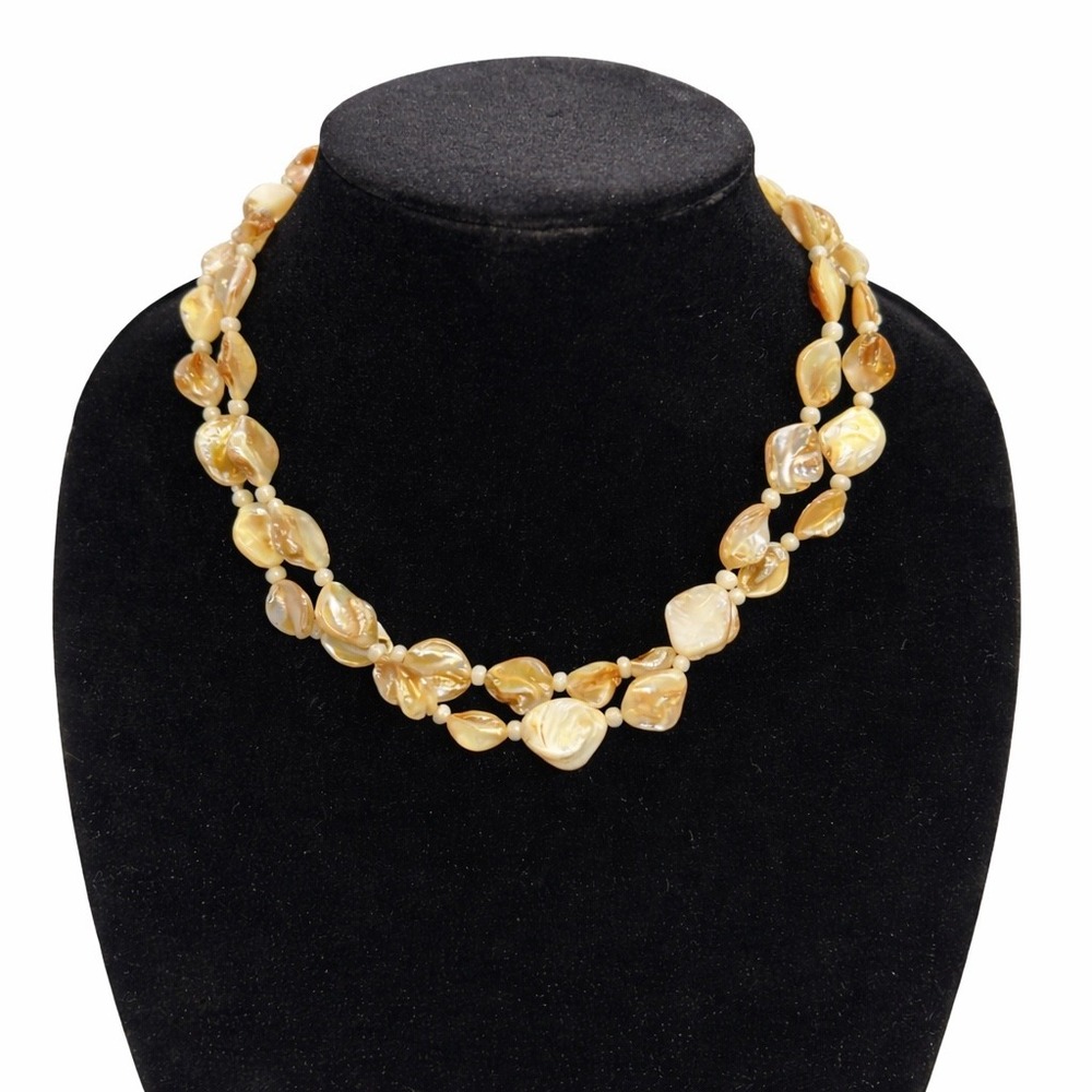 Mother of Pearl Shell Double Strand Necklace Champagne Gold Tone Iridescent 18"‎